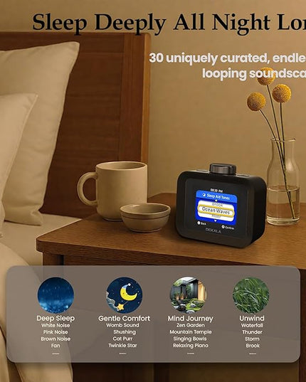 Dekala AuraDot White Noise Sound Machine for Sleep Temperature Humidity Monitor, 30 Non-Loop Soothing Sounds, Timer/Play All Night, Animationed Sleep Screen, 7-Day Programmable 4 Alarm Clock Black