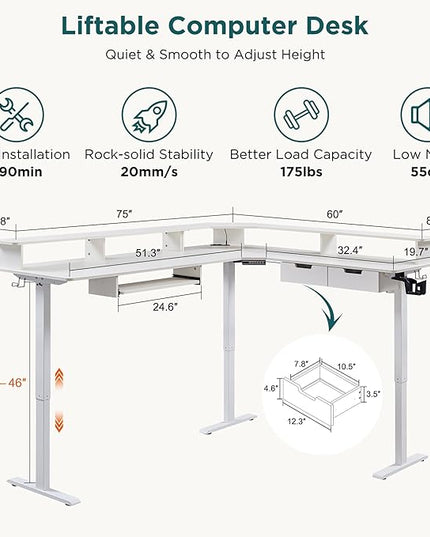 RedLemon 75X60 Inches L Shaped Electric Standing Desk, Height Adjustable Corner Gaming Desk with Drawers, Keyboard Tray, Power Outlets & LED Lights, Computer Desk with Monitor Shelf, Antique White