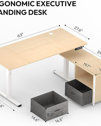 SANODESK 63'' L Shaped Standing Desk with 2-Drawer File Cabinet, Electric Height Adjustable Stand up Desk w/USB Charge Ports, Home Office Modern Wood Computer Desk with Shelves,White Frame/Maple Top