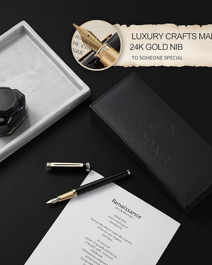 HDDNB Black Luxury Fountain Pen Set for Men and Women with Gift Box, 24K Gold Finish and Gilded Nib(Extra Fine) with 5 Black Ink Cartridges and Converter