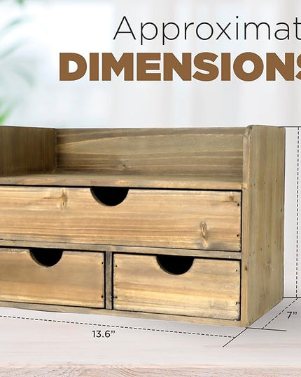 Besti Wooden Office Desk Organizer - Organizing Tool for Desktop, Cubicle, Bedroom, Kitchen - Vintage Style Organization Caddy with Top Tray Shelf & 3 Drawers - 13.6x9x7 Inches (Rustic Burnt)