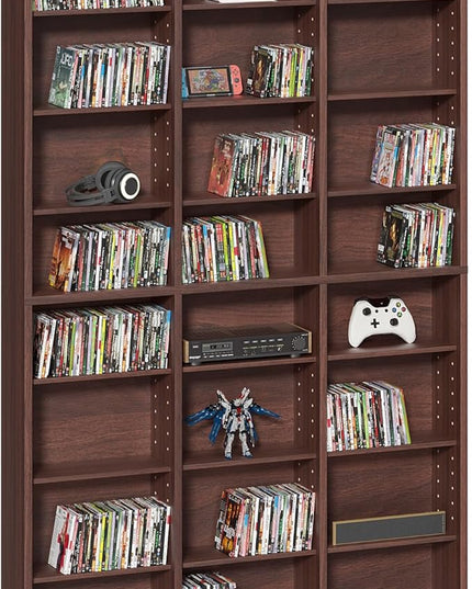 LELELINKY 8 Tier Tall Display Cabinet, Walnut Media Storage Cabinet with Adjustable Shelves, Free Standing DVD Organizer Shelf, Floor Multimedia Storage Manga Bookshelf for Living Room & Home Office.