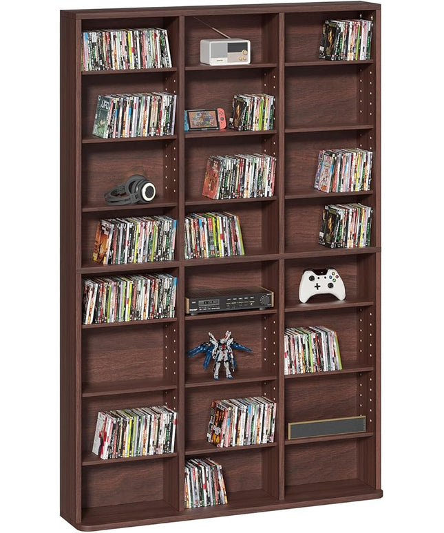 LELELINKY 8 Tier Tall Display Cabinet, Walnut Media Storage Cabinet with Adjustable Shelves, Free Standing DVD Organizer Shelf, Floor Multimedia Storage Manga Bookshelf for Living Room & Home Office.