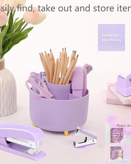 suniya Office Supplies,Desk Accessories,with Stapler,Tape Dispenser,Staple Remover,Scissor,Ballpoint Pen,Sticky Notes,Clear Tape,Staples,Desk Organizer,Ruler,Binder,Best Gift Set(Purple)