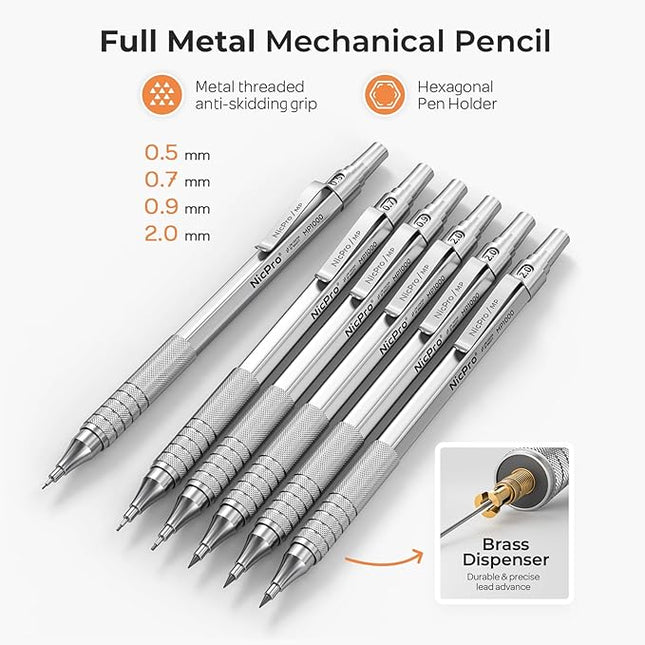 Nicpro 20PCS Metal Mechanical Pencil Set in Leather Case, Art Drafting Pencil 0.3, 0.5, 0.7, 0.9 mm & 2mm Lead Holders, 9 Tube (4B 2B HB 2H Colors) Lead Refills, Erasers For Sketching Drawing