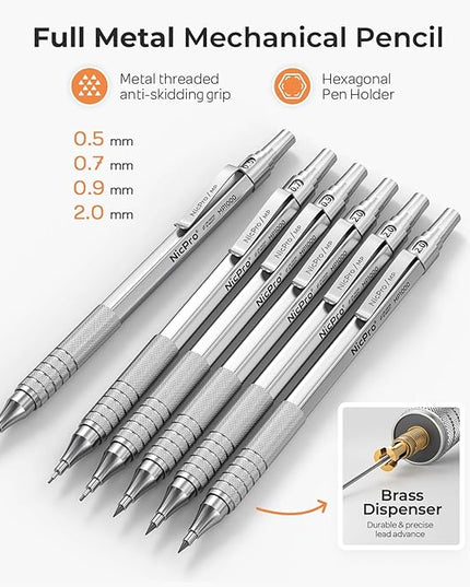 Nicpro 33PCS Metal Mechanical Pencil Set in Leather Case, Art Drafting Pencil 0.3, 0.5, 0.7, 0.9 mm, 2mm Lead Pencil Holders for Sketching Drawing With 18 Tube (6B 4B 2B HB 2H 4H Colors) Lead Refills
