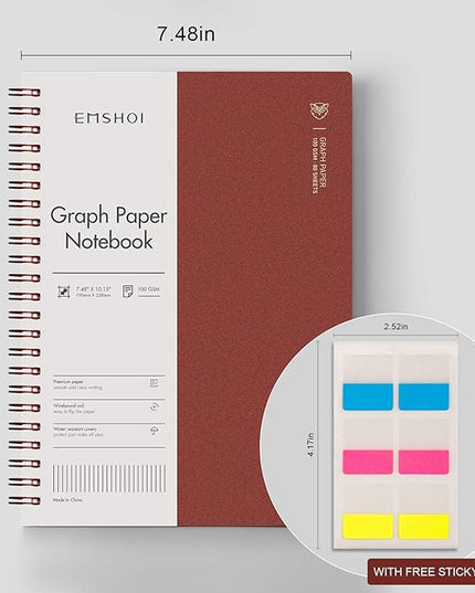 EMSHOI Graph Paper Spiral Notebook 7.48" x 10.15", 2 Pack 320 Pages B5 Large Graph Notebook with Sticky Notes, 100gsm Thick Grid Paper, Plastic Hardcover Journals for Writing Engineering Graphing