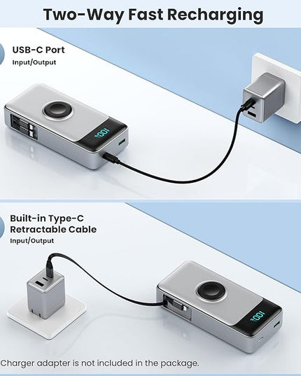 5-in-1 Portable Charger for iPhone,40800mAh Power Bank Built-in Retractable Cable and iWatch Charger,25W PD QC4.0 Fast Charging Battery Pack,Travel Essential Phone Charger for iPhone 17/16/15,Android