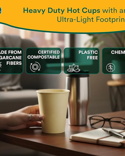 ECO SOUL 200 Pack 12 oz Disposable Coffee Cups Eco-Friendly, Biodegradable, Compostable, Leak-free & Sturdy To Go Hot Drink Travel Bagasse Cup for Tea, Chocolate, Party, Picnic & Cafe, Office & Home