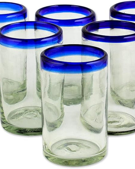 NOVICA Artisan Crafted Hand Blown Clear Blue Rim Recycled Glass Juice Glasses, 4.3In H X 2.6In Diam. 8 Oz. 'Cobalt' (Set Of 6)