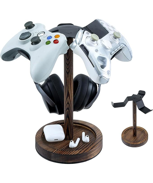 MyGift Industrial Matte Black Metal Headphone Stand with Burnt Wood Tray – Desktop Headset and Gaming Controller Holder for Office, Studio, or Console Setup