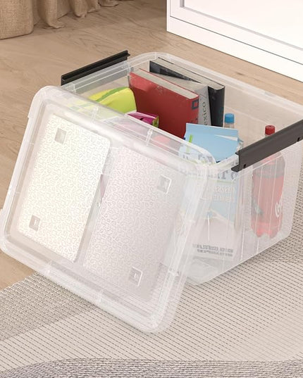 30 Quart 4 Pack Plastic Storage Bins with Latching Lids and Wheels, Clear Latch Box Container