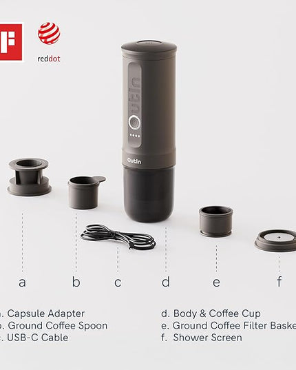 OutIn Nano Portable Electric Espresso Machine, Travel Coffee Maker for Camping, Car Coffee Maker Self-Heating with USB-C, With Ground Coffee & NS Capsule for RV, Hiking, Office