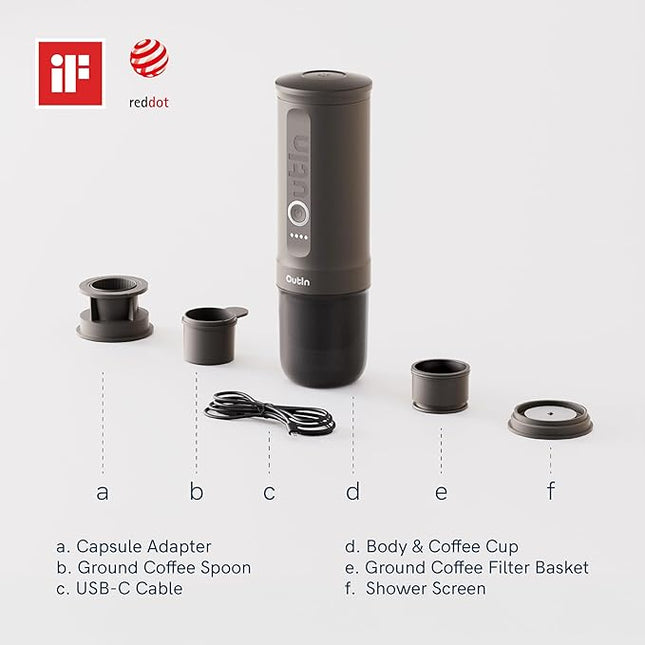 OutIn Nano Portable Electric Espresso Machine, Travel Coffee Maker for Camping, Car Coffee Maker Self-Heating with USB-C, With Ground Coffee & NS Capsule for RV, Hiking, Office