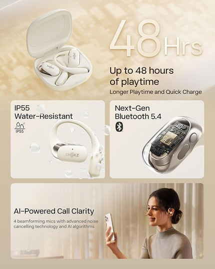 SHOKZ OpenFit 2 Open-Ear Headphones,True Wireless Bluetooth Earphones with Microphone,Earhook Earbuds with 48 Hours of Playtime,Fast Charging,IP55 Water-Resistant,with Carrying Bag,Beige,Bluetooth5.4