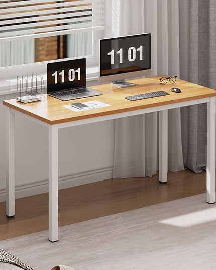 Need Computer Desk, 47 inch Home Office Desk, Modern Simple Style Home Office Gaming Desk, Basic Writing Table for Study Student, White Metal Frame, Teak