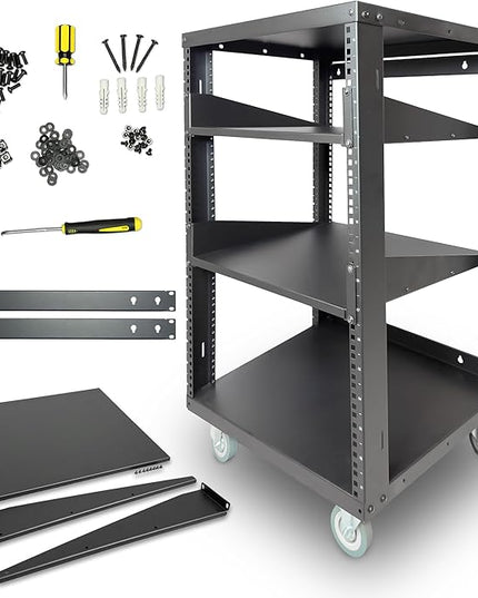 AxcessAbles 16U Open Frame Network & AV Rack with Caster Wheels, Two 2U Shelves, 10-32 & Cage Nut Compatible Rails, Cage Nuts, Screws, Cage Nut Tool & Wall Mount Kit | 19-Inch Equipment Rack