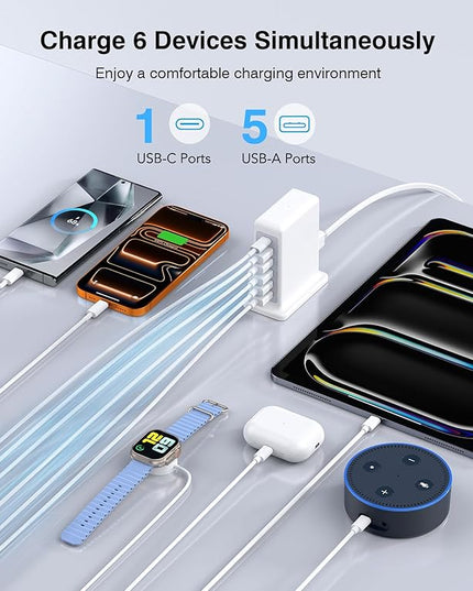 USB Charger Block, 45W 6-Port Charging Station for Multiple Devices, USB A and Type-C Charger Tower Fast Charging Dock Hub Power Strip for iPhone iPad Tablets Android Smartphones, Home Office Use