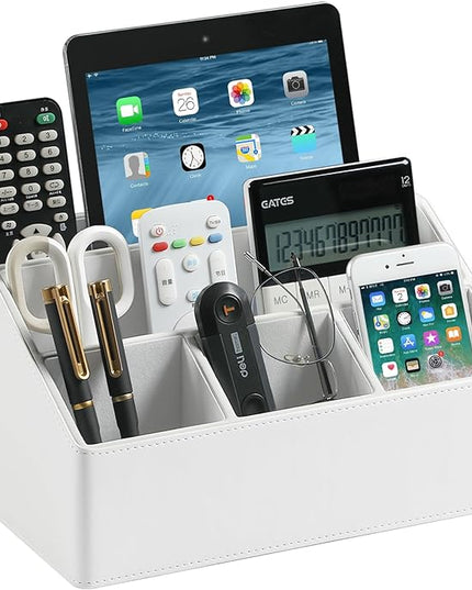 MEIBOOCH PU Leather Desk Organizer, Luxury Remote Control Holder for Home, Office Desk Accessories Table Caddy Bedside Nightstand Organizer (White)
