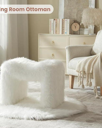 Vanity Stool Chair Small Footstool Ottoman Faux Fur Seating Backless Modern Foot Rest Ottoman Furry for Makeup Room Living Room Bedroom Entryway,White (Single 1)