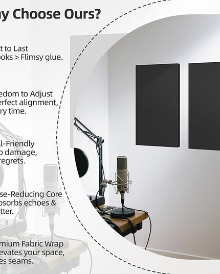 Art3dwallpanels 8 PCS Acoustic Panels, 24''x12'' Fabric Soundproof Wall Panels, Easy-Hook Mounting Sound Absorbing Panels for Studios, Office, Home Theater,Black