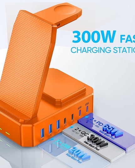 300W Charging Station for Multiple Devices Apple, Zutspzss 10 in 1 Wireless Charger for iPhone 16, GaN III USB C 65W PD Fast Charging Stand Dock for MacBook, Apple Watch&Airpods,Orange