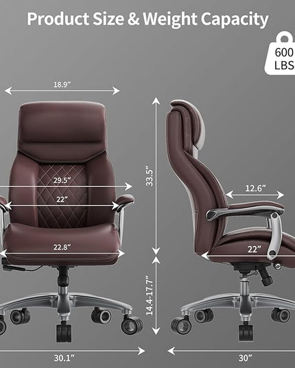 Big and Tall Office Chair with Wide Area Armrest, 600lbs Heavy Duty Desk Chair with Adjustable Lumbar Support, PU Leather High Back Ergonomic Executive Computer Chair with 3'' Silent Casters