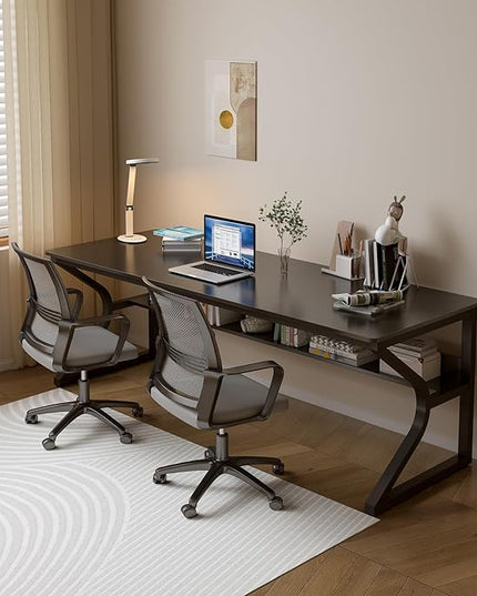 Extra Long Desk with Bookshelf - 71" Double Long Writing Table for 2-Person Workstation, Modern Study Work Computer Desk for Home and Office, Black