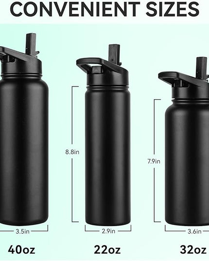 DOMICARE Insulated Water Bottle, 22 oz Vacuum Insulated Stainless Steel Reusable Sports Bottle with Straw Lid & Spout Lid for Travel, Camping, Bike, Leakproof, Black, 1 Pack