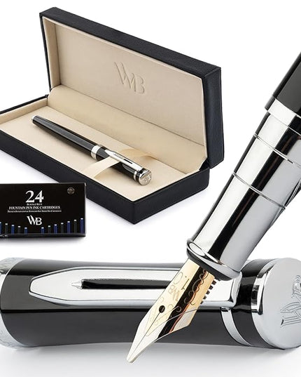 Wordsworth & Black Fountain Pen Set, Broad Nib, Includes 24 Pack Ink Cartridges, Ink Refill Converter & Gift Box, Chrome Finish, Calligraphy, [Black Chrome], Perfect for Men & Women