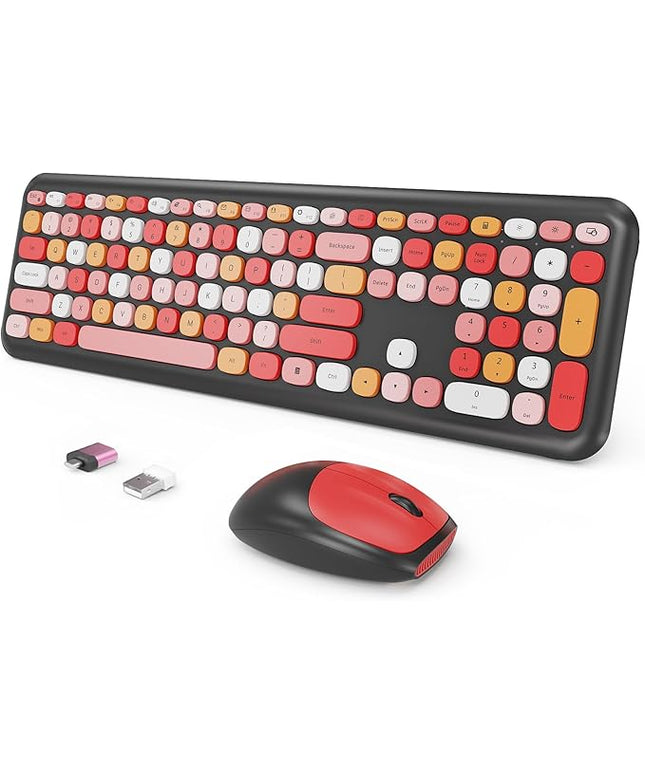 Wireless Keyboard and Mouse Combo, Colorful Ergonomic Full Size Retro Low-Noise Keyboard with Cute keycaps, Compatible with Windows, PC, Perfer for Home and Office Keyboards (Black)