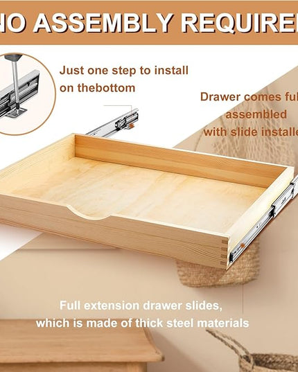 Menkxi 2 Set Pull out Tray Cabinet Organizer Wooden Pull Drawers storage Slide out Pantry Shelf for Base Cabinet Kitchen Gentle Close Fully Assembled Accessories(Wood Color,27'' X 21'' X 3")