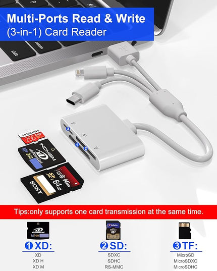 XD Card Reader, SD Card Reader, 3 in 1 TF/SD/xD-Picture-Card Memory Card Reader Camera Phone Adapter, with USB/USB-C/Lightning Port, Use for iPhone 17/16/15/14 iPad MacBook Android PC Laptop