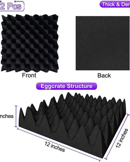 TroyStudio Thick Acoustic Foam Panels, 12 X 12 X 3 Inch 12 Pcs Broadband Sound Absorbing Foam, Dense Soundproof Padding Tile, Recording Studio Foam Absorber, Eggcrate Decorative 3D Wall Ceiling Panel