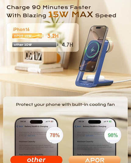 3 in 1 Charging Station for iPhone, Magsafe Wireless Charger with Cooling Fan for iPhone 17 16e 16 15 14 13 12 Series & Apple Watch Charger, Wireless Charging Station for AirPods 4/3/Pro (Blue)