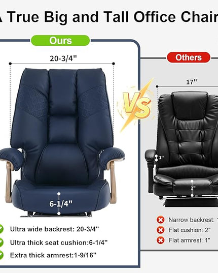 Big and Tall Executive Office Chair with Footrest, 400LBS Capacity Ergonomic High-Back Desk Office Chair with Lumbar Support, Padded Armrests & Thick Cushion, Blue PU Leather Chairs