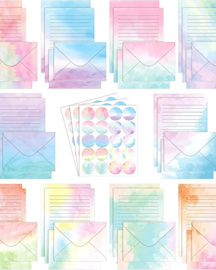 TaoBary 160 Pcs Stationery Paper Set 50 Double Sided Stationery Papers with 50 Matching Envelopes and 60 Round Dot Sticker, 10 Design(Watercolor,5.5 x 8.25 Inch)