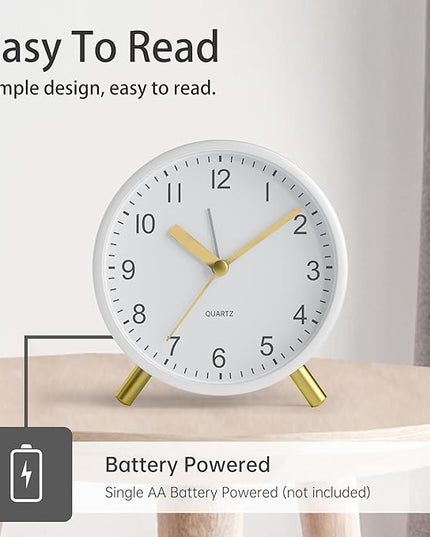 Analog Alarm Clock, 4 inch Super Silent Non Ticking Small Clock with Night Light, Battery Operated, Simple Design, easy setting for Office, Bedroom, Bedside, Desk, teens, elders, kids, adult, White