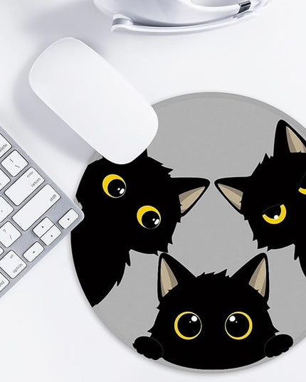 Cute Black Cats Round Mouse Pad, Funny Small Mouse Mat with Non-Slip Rubber Base, Home Office Decor Desk Accessory, 8.7 Inch Round
