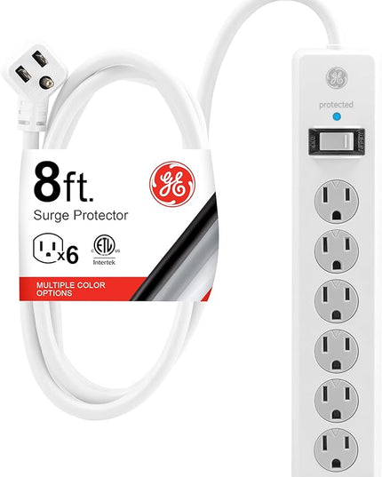 GE Surge Protector Power Strip, 8 Ft Extension Cord, 6 Outlet Extender, 800 Joules, Flat Plug, Twist-to-Close Safety Covers, ETL Listed, White, 67044