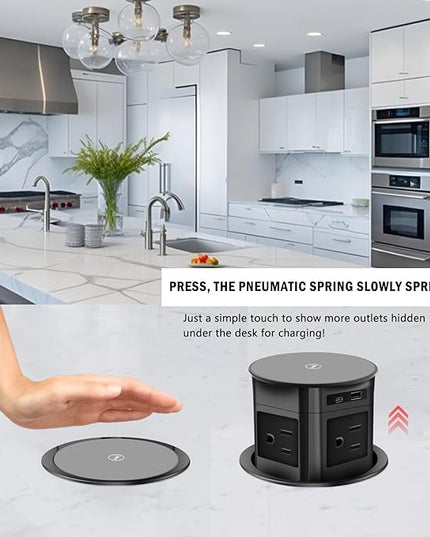 Pop Up Outlet; 15W Wireless Charger, 4 Outlets 1875W USB-A/C PD20W Super Charging 6.5FT 16AWG Cable 3.86 inch Desk Hole Pop Up Power Outlet for Kitchen Countertop,Office Table (Black)