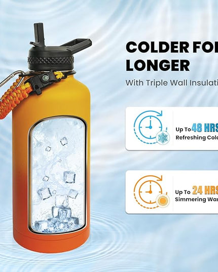 Insulated Water Bottle 87 oz, Triple Wall Vacuum Stainless Steel (Cold for 48 Hrs), Leak Proof & Non-BPA, Modern Water Flask Jug with Paracord Handle & Straw Spout Lids, Ombre Orange