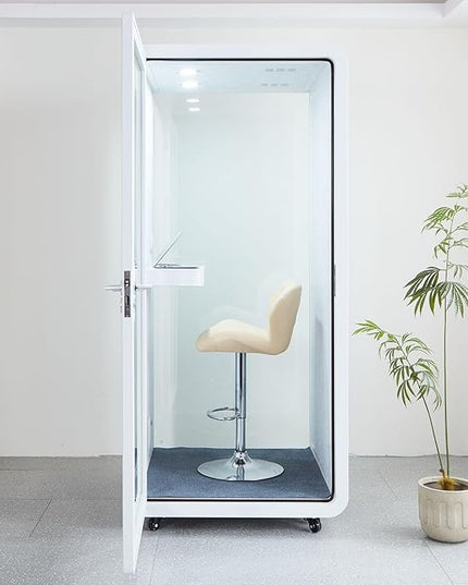 Mobile Office Pod Booth, Solo Soundproof Pod with High-Density Acoustic Panels, Premium Sound Pod with Silent Ventilation, Wheels and Feet, Build-in Table, LED Lighting System, USB Ports (White-Grey)