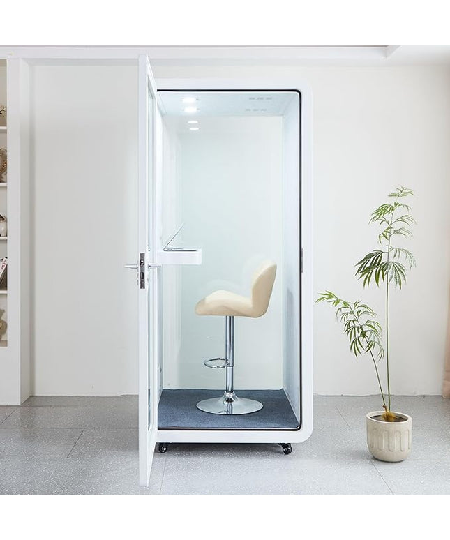 Mobile Office Pod Booth, Solo Soundproof Pod with High-Density Acoustic Panels, Premium Sound Pod with Silent Ventilation, Wheels and Feet, Build-in Table, LED Lighting System, USB Ports (White-Grey)