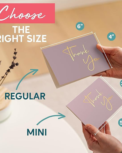 VNS Creations Gold Foil Thank You Cards With Envelopes Bulk Set & Stickers - 100 Pack 4x6 Blank Thank You Notes Box Set - Large Note Card Small Business, Wedding, Baby Shower & Bridal Shower - Lilac