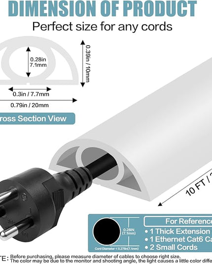 Floor Cord Cover Self Adhesive Cord Hider,10FT Cable Management, Extension Strip Protector for Wires, Prevent Cable Trips for Offices, Gyms, Exhibitions Cavity:0.3"(W) x 0.28"(H) White