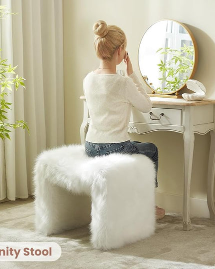 Vanity Stool Chair Small Footstool Ottoman Faux Fur Seating Backless Modern Foot Rest Ottoman Furry for Makeup Room Living Room Bedroom Entryway,White (Single 1)