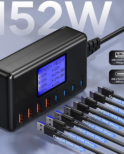 152W Charging Station, 8-Port Desktop USB-C & USB-A Charger Hub, 20W 4xUSB-C & 18W 4xUSB-A, Compatible With iPhone 15/14/13 Pro/Max, iPad, Samsung Galaxy Note S23