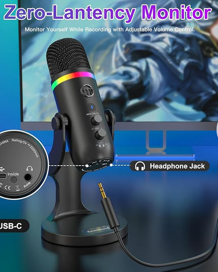 ZealSound Podcast Microphone for PC, USB Noise Cancelling Mic with RGB Lighting, Mute & Gain Control, Zero-Latency Monitoring for Mac, iPhone, iPad, Computer, Streaming, Recording, Podcasting K66 Pro