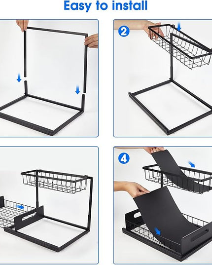 Under Sink Organizer, 2 Tier Pull-Out Cabinet Storage Shelf, Rust-Resistant Metal Organizer for Kitchen Bathroom Laundry Room, No Tools Installation, 1 Pack Black